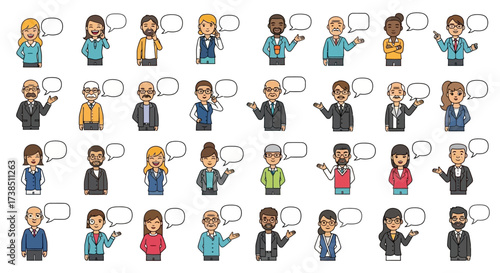 Diverse group of cartoon business people talking in speech bubbles illustration style