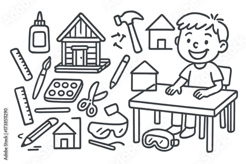 Crafting Doodle_ Mini House. Hand-drawn doodle illustration Mini house building with popsicle sticks popsicle sticks, glue bottle, ruler, paintbrush, paint
