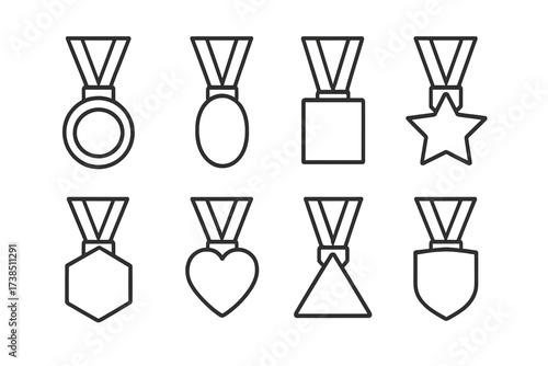 Medal Shape Icons. Outline icon set of medal shapes: circular medal, oval medal, square medal, star-shaped medal, hexagonal medal, heart-shaped