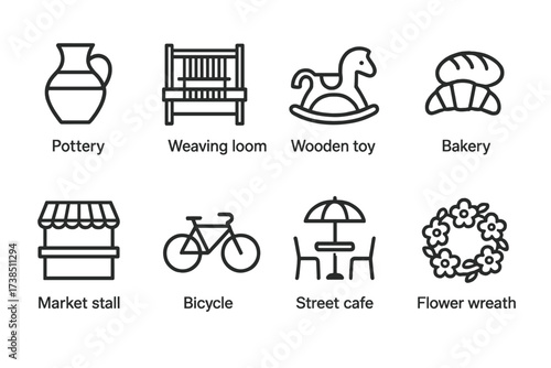 Scandinavian Icon Sets. Outline icon set of Austrian crafts and daily life: pottery, weaving loom, wooden toy, bakery, market stall, bicycle, street cafe,