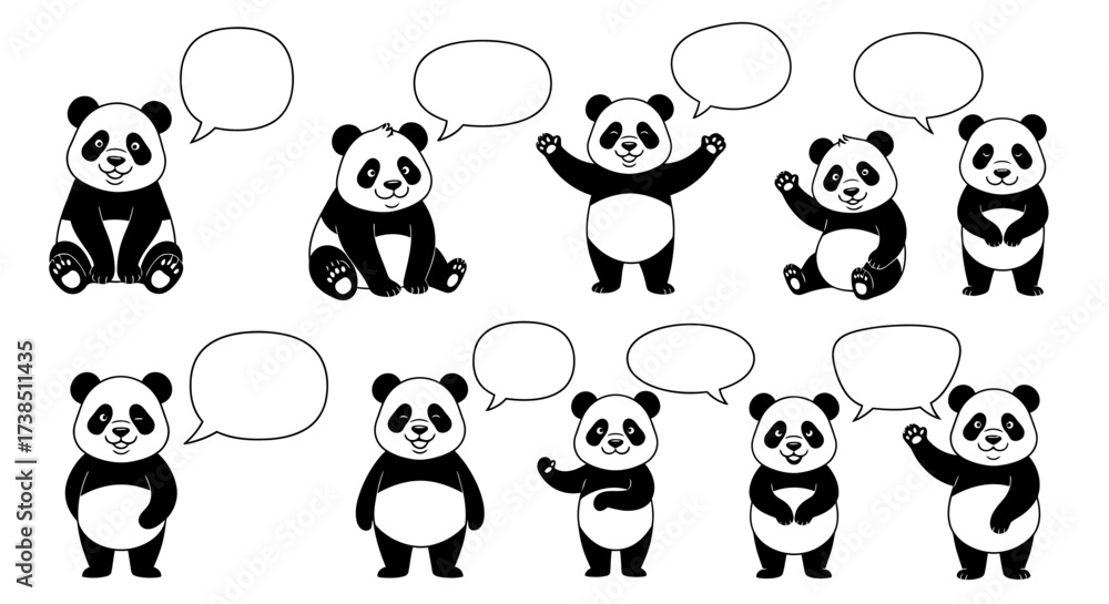 Obraz premium Cartoon Panda Bears with Speech Bubbles Isolated on White Background Illustration Concept