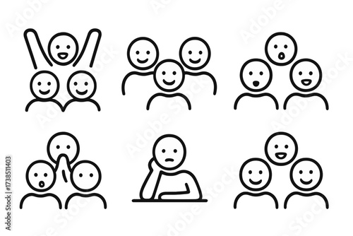 Emotions Icon Set. Outline icon set of crowd emotions: excitement, happiness, anger, sadness, surprise, anticipation, boredom, enthusiasm. Line icons in only