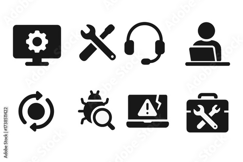 Tech Support Icons. Solid, filled icon set of technical help: computer support, wrench and screwdriver, headset with mic, help desk, software update, bug