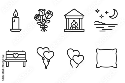 Romantic Icon Set. Outline icon set of lifelong devotion: wedding rings, family tree, anniversary cake, photo album, growing plant, intertwined hearts, aging
