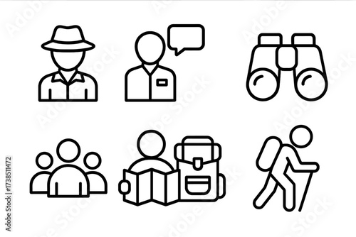 Ruin Visitor Icons. Outline icon set of ruin visitors and guides: explorer, tour guide, camera, binoculars, group, map, backpack, walking stick. Line icons in