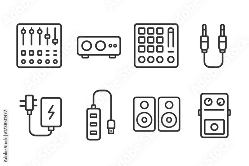 DJ Gear Icons. Outline icon set of DJ technical gear: audio mixer, sound card, MIDI controller, audio cables, power supply, USB hub, monitor speakers, effects