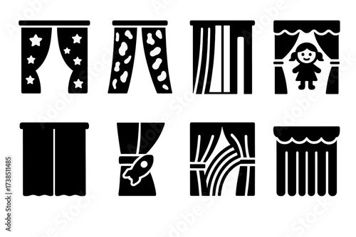 Kids Room Curtain Icons. Solid, filled icon set of kids room curtains: star pattern curtain, animal print drape, colorful sheer, cartoon panel, blackout kids