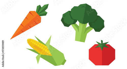 Flat Design Geometric Vegetables Illustration Fresh Carrot Broccoli Corn and Tomato for Healthy Eating Concepts
