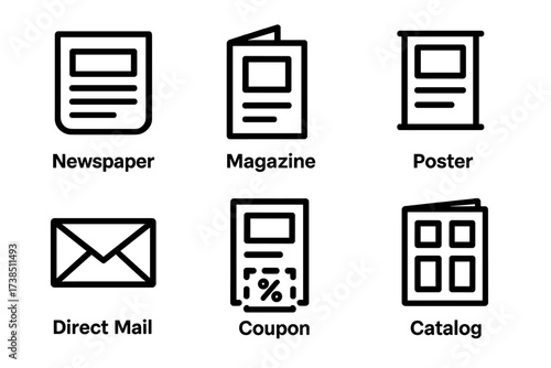Print Ad Icon Set. Solid, filled icon set of print advertising: newspaper, magazine, brochure, poster, direct mail, flyer, coupon, catalog. [Line icons in only