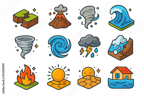 Colorful Disaster Icons. Natural disasters. Colorful isometric vector icons set of natural disasters: earthquake crack, volcano eruption, tsunami wave,