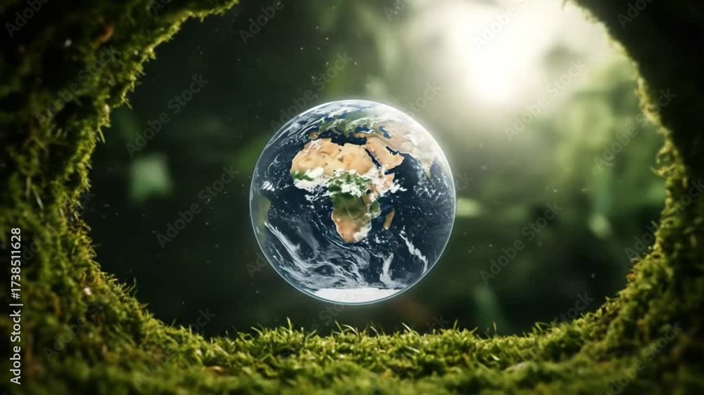 Un globo flota dentro de un túnel de musgo, simbolizando la protección del medio ambiente y la sostenibilidad, explorando el concepto de sostenibilidad global y la importancia de la ecología para el p