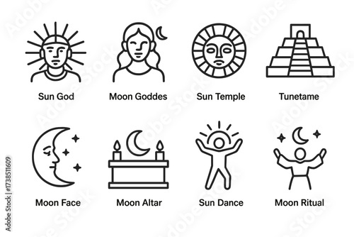 Sun and Moon Icons. Outline icon set of sun and moon in culture: sun god, moon goddess, sun mask, moon face, sun temple, moon altar, sun dance, moon ritual.