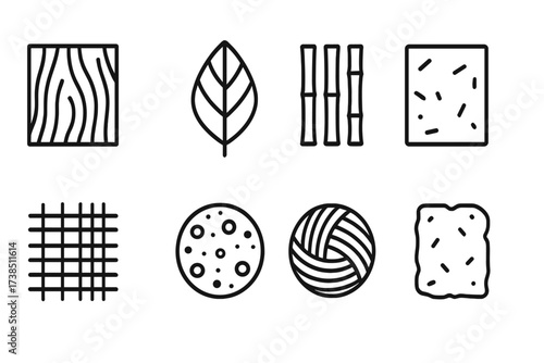 Natural Texture Icons. Outline icon set of natural packaging textures: wood grain, leaf veins, bamboo sticks, paper fibers, jute weave, cork texture, cotton