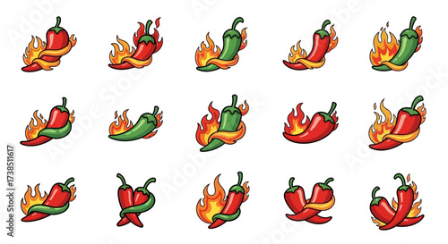 Fiery fiesta of flavors: Cartoon chili peppers engulfed in flames red and green assortment