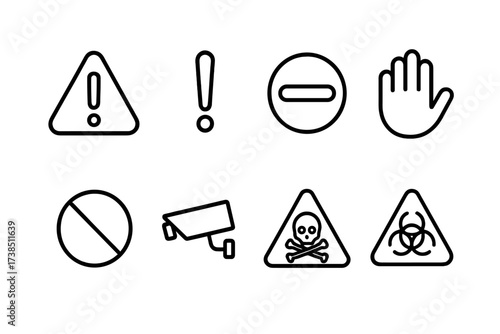 Warning Signs Icons. Outline icon set of warning signs: caution triangle, exclamation mark, no entry, stop hand, forbidden symbol, security camera, danger