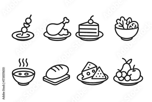 Meal Course Icons. Outline icon set of meal courses: appetizer, main course, dessert, salad, soup, bread, cheese plate, fruit platter. Line icons in only black