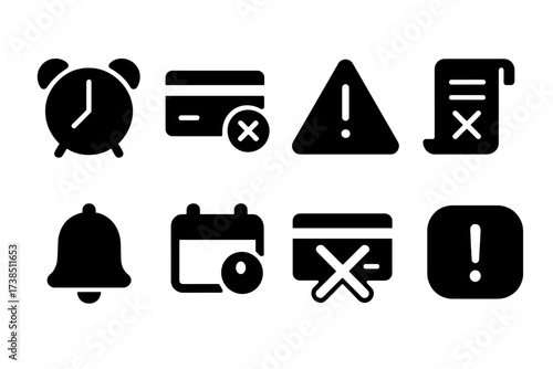 Payment Alert Icons. Solid, filled icon set of payment lapse: alarm clock, failed payment, warning triangle, canceled bill, notification bell,