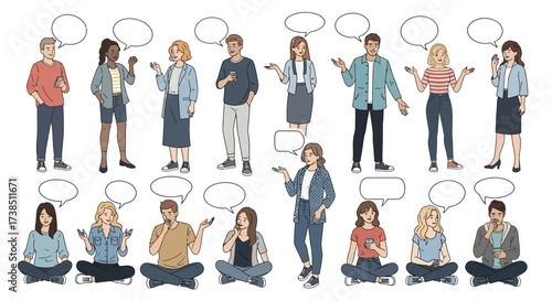 Diverse group of people standing and sitting with speech bubbles discussing or sharing ideas