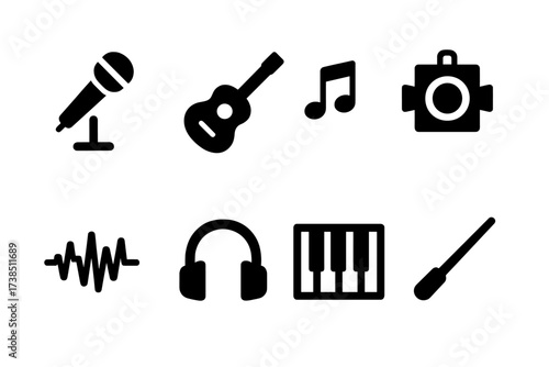 Music Icon Set. Solid, filled icon set of musical performance: microphone, guitar, music notes, stage light, sound wave, headphones, piano, conductor baton.