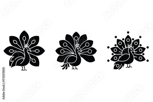 Peacock rangoli icon set, black isolated silhouette fill vector icons