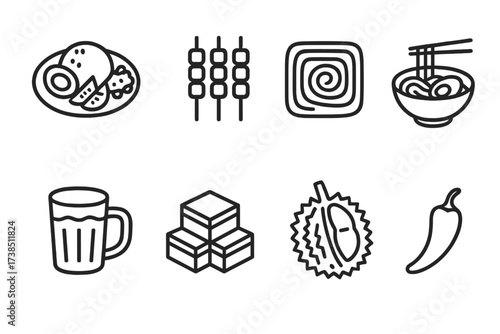 Malaysian Food Icons. Outline icon set of Malaysian food: nasi lemak, satay skewers, roti canai, laksa bowl, teh tarik glass, kuih cake, durian fruit, sambal