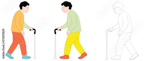 Elderly People Walking with Canes Outline and Color