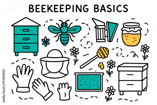 Beekeeping Essentials Illustrated. Beekeeping basics. Hand-drawn doodle illustration beekeeping basics beehive (colored), bee (colored), smoker tool, honey jar