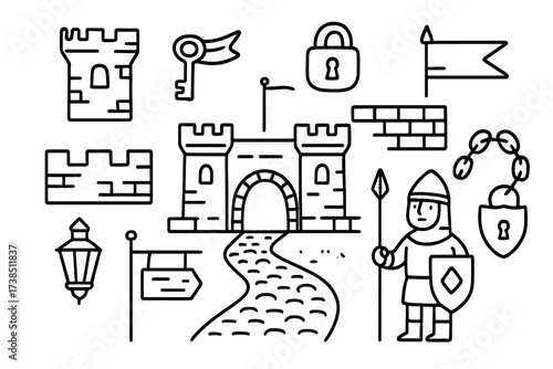 City Gate Doodle. Hand-drawn doodle illustration city gate gate, archway, tower, flag, wall, key, lock, road, cobblestone, lantern, signboard, pathway, guard,