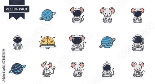 Vector pack featuring cute cartoon characters and planets in space exploration theme