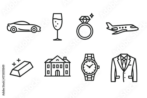 Luxury Icon Set. Outline icon set of high stakes luxury: sports car, champagne glass, diamond ring, private jet, gold bar, mansion, expensive watch, designer