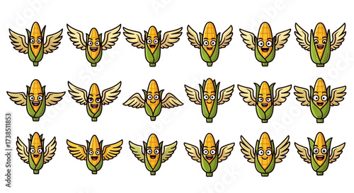 Whimsical Vector Pattern Featuring Animated Corn Characters with Angel Wings Spread