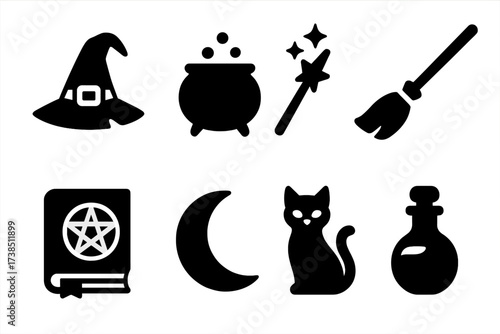 Witchy Symbols Icons. Solid, filled icon set of ritual broom folklore: witch hat, cauldron, magic wand, broomstick flying, spell book, moon crescent, black