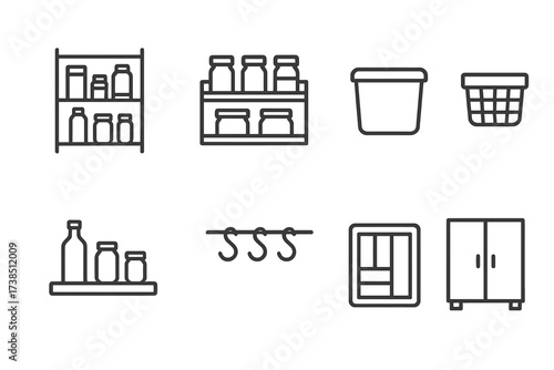 Kitchen Storage Icons. Outline icon set of kitchen storage solutions: pantry shelf, spice rack, food storage bin, basket, refrigerator shelf, hanging hooks,