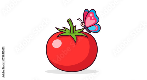 Whimsical Tomato and Butterfly Illustration with Playful and Vibrant Design Elements