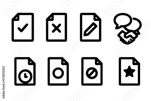 Proposal Response Icons. Solid, filled icon set of proposal responses: accept, reject, revise, negotiate, waitlist, pending, cancel, approve. [Line icons in