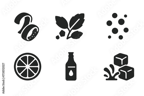 Mojito Icon Grid. Solid, filled icon set of mojito flavor and aroma: citrus zest, mint aroma, sugar crystals, soda bubbles, fresh lime, sweet syrup, refreshing