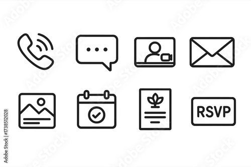Communication Icon Set. Outline icon set of proposal communication: phone call, message bubble, video chat, email, social media post, calendar reminder,