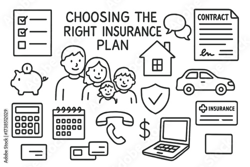 Insurance Planning Doodle. Hand-drawn doodle illustration Choosing the right insurance plan checklist, contract, speech bubbles, family group, shield, house,
