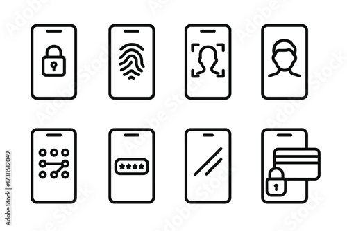 Touchscreen Security Icons. Outline icon set of touchscreen security features: screen lock, fingerprint unlock, face recognition, pattern unlock, password