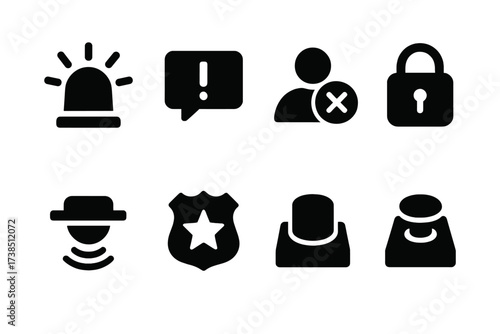 Vault Alarm Icons. Solid, filled icon set of vault alarms: siren, flashing light, alert message, security breach, lockdown icon, motion sensor, police badge,