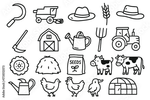 Farm Doodle Essentials. Hand-drawn doodle illustration Crop harvesting techniques sickle, combine harvester, plow, wheat stalk, barn, farmer hat, watering can,
