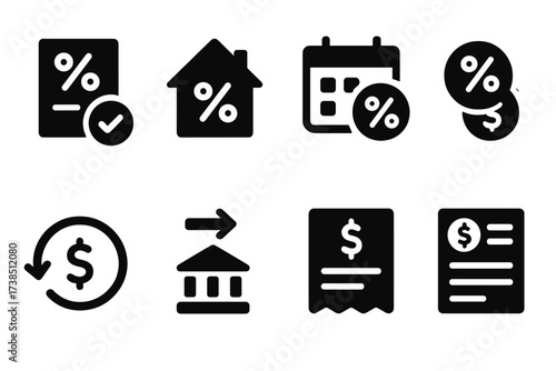 Interest Rate Icons. Solid, filled icon set of interest rate transactions: loan approval, mortgage sign, payment schedule, interest charge, balance update,