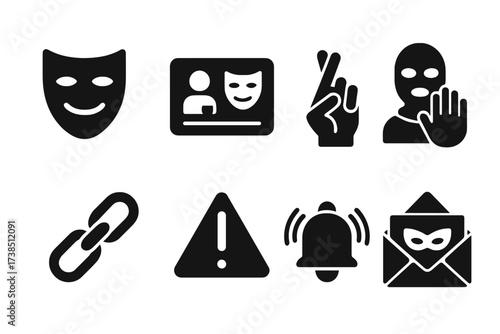 Deception Icon Set. Solid, filled icon set of deception: lying mask, fake ID, crossed fingers, scammer hand, broken chain, warning sign, alarm bell, suspicious