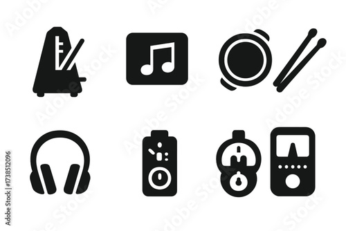 Rhythm Practice Icons. Solid, filled icon set of rhythm practice tools: metronome, sheet music, practice pad, drumsticks, headphones, timer, recording device,