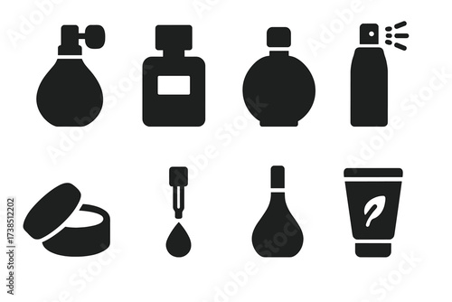 Fragrance Icons Grid. Solid, filled icon set of fragrance types by intensity: eau de parfum, eau de toilette, cologne, parfum, body spray, solid perfume, oil