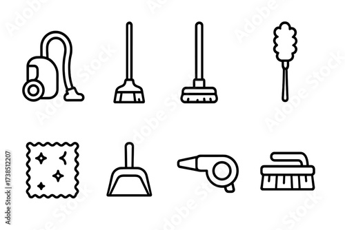 Dust Cleaning Tools Icons. Outline icon set of dust cleaning tools: vacuum cleaner, broom, mop, duster, microfiber cloth, dustpan, air blower, cleaning brush.