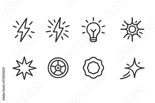 Icon Grid Overview. Outline icon set of energy spark: electric flash, power surge, light bulb spark, solar flare, energy burst, dynamo, shockwave, spark trail.