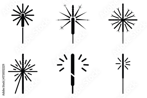 Sparkler icon set, black isolated silhouette fill vector icons