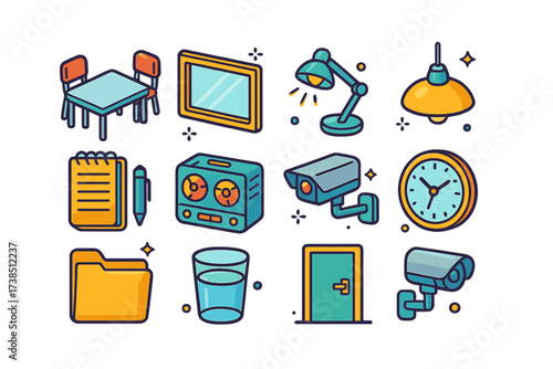 Colorful Interrogation Room Icons. Police interrogation room. Colorful isometric vector icons set of police interrogation room: metal table, two chairs,