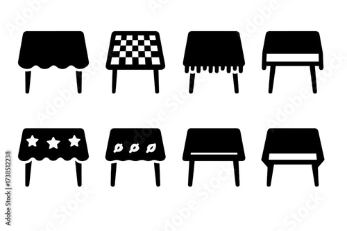 Tablecloth Style Icons. Solid, filled icon set of tablecloth styles: formal, casual, rustic, modern, vintage, themed, seasonal, minimalist. Solid, filled icons